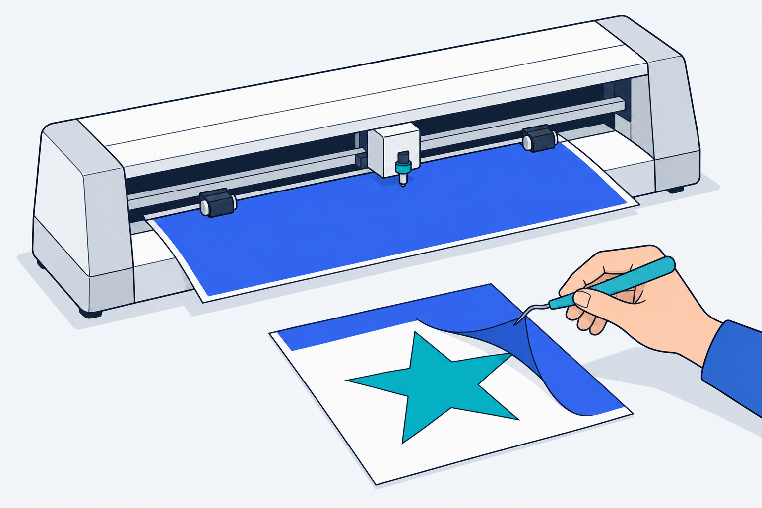 Where the SVG vs PNG choice matters for crafters: a desktop vinyl cutter beside a hand weeding a star shape from a vinyl sheet.