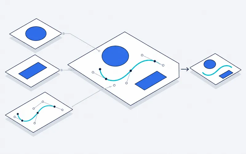 What is SVG: flat shapes and a curve with anchor points on separate layers, combined into one vector drawing, shown again at a smaller size.
