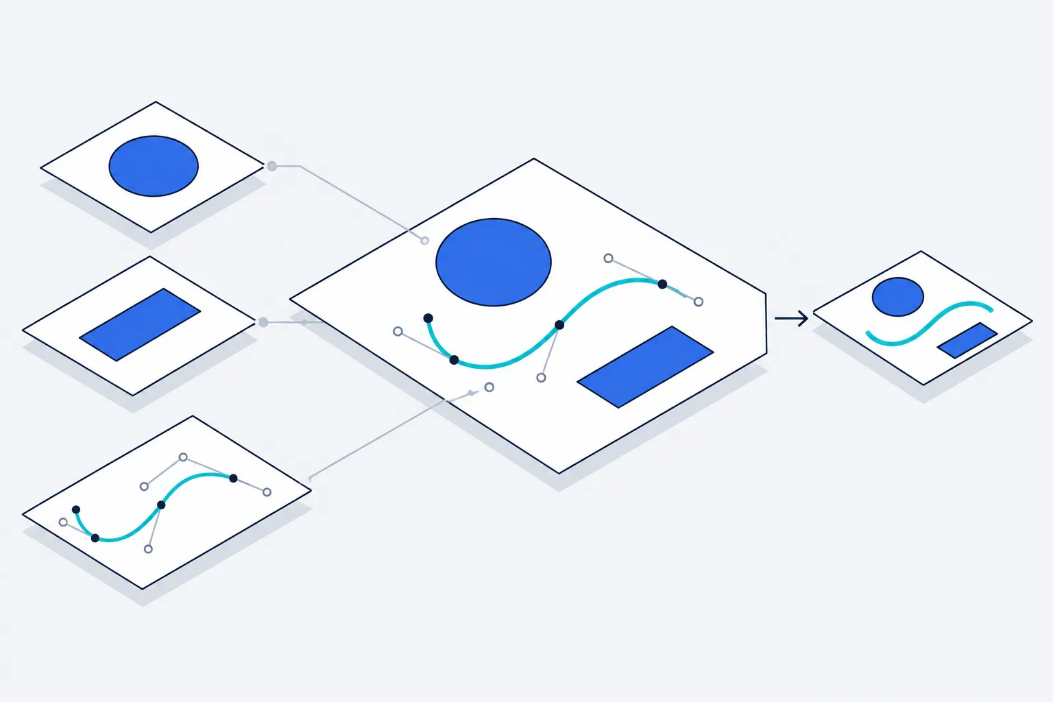 What is SVG: flat shapes and a curve with anchor points on separate layers, combined into one vector drawing, shown again at a smaller size.